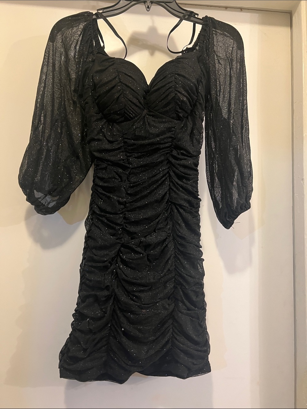 B Darlin Black Ruched Mini Dress with Sheer Puff Sleeves